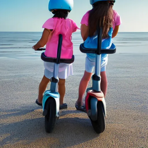 Image similar to very detailed stockphoto of two! little girls wearing a grey school uniform riding a scooter along the beach road