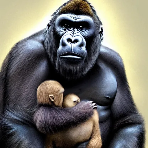 Prompt: walrus hugs gorilla, clouds in background, artstation, award - winning, concept art, serene,