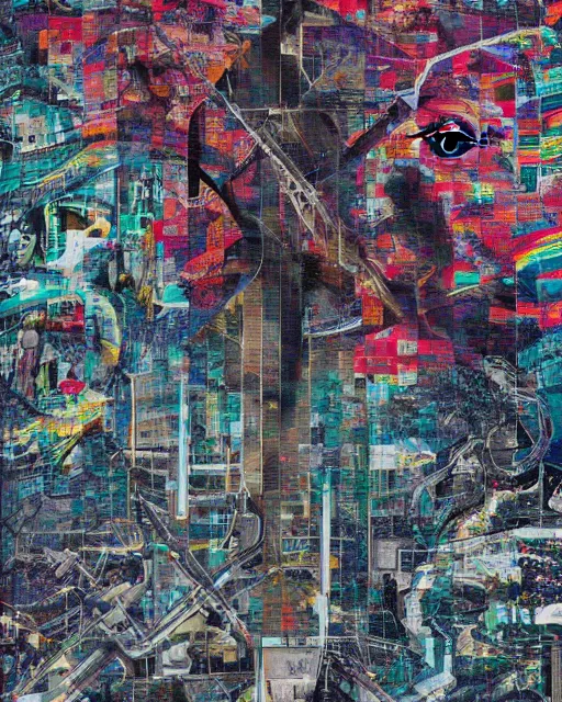 Image similar to a beautiful graffiti of a satellite view of an industrial city mixed with portrait photography by tristan eaton, glitches