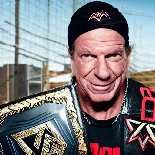 Image similar to WWE, Vince McMahon wearing a du-rag and the ECW Championship belt while eating a snow cone in front of a chainlink fence, photorealistic, dark, gritty, nu-metal, hardcore wrestling, highly detailed, hyperrealistic, barbed wire, rendered in Octane, rendered in Unreal engine, 4k, award-winning, ultra hd, intricate, digital painting