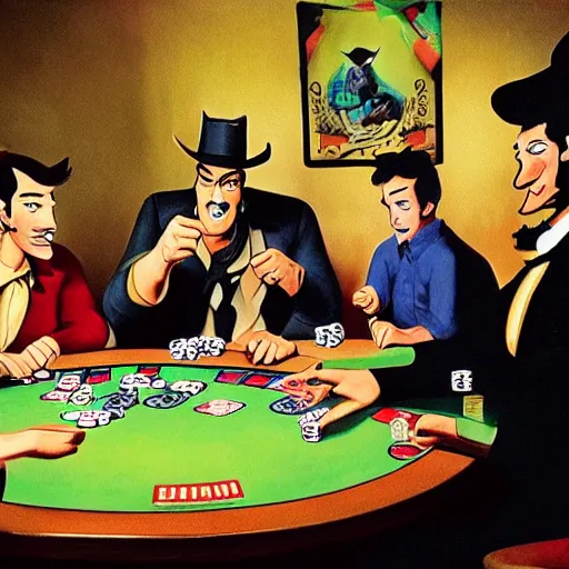 Prompt: lucky luke playing poker with the dalton brothers
