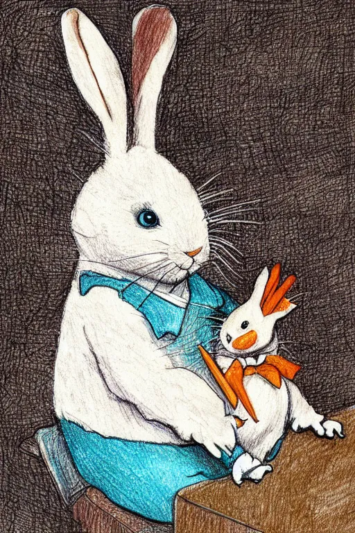 Image similar to drawing of white rabbit, holding a carrot, sitting at a desk, Beatrix Potter, turquoise