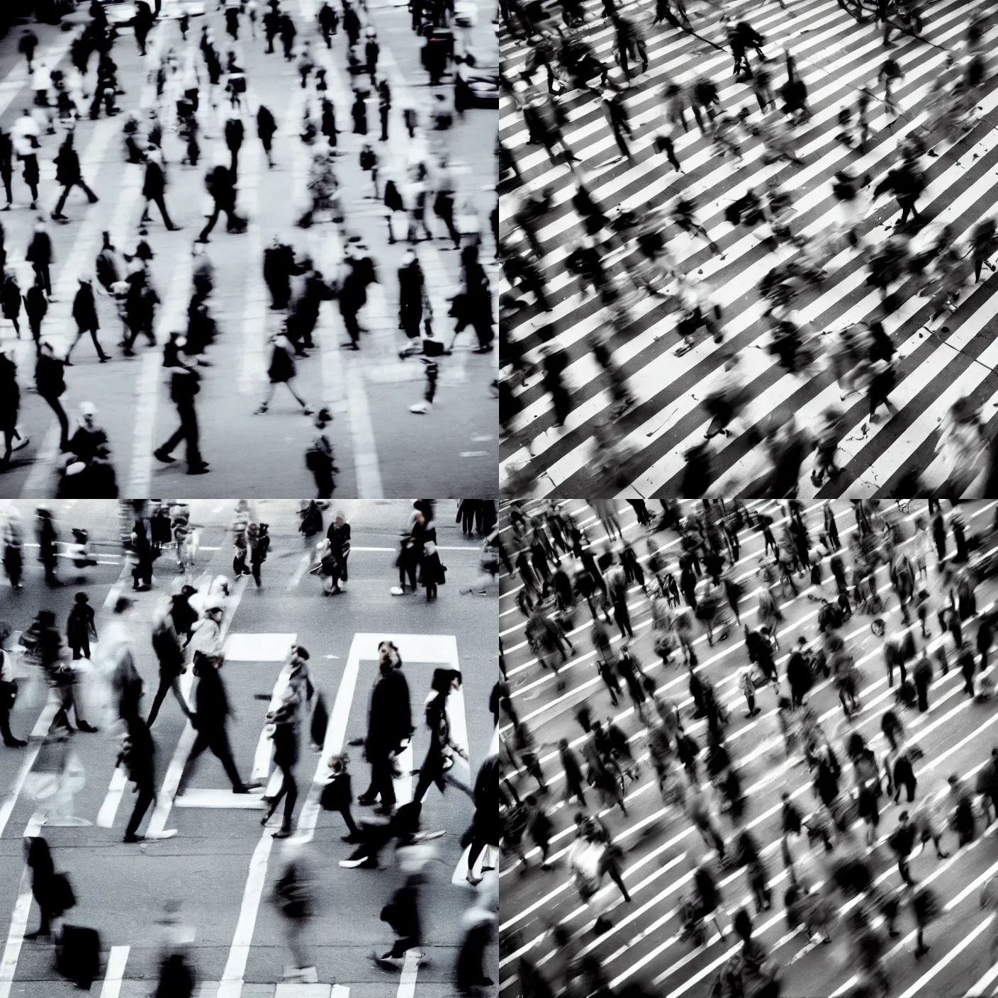 Prompt: hundred of people walking a crosswalk in a city by richard avedon. street photography. black and white. ilford delta. super long exposure. extreme motion blur. film grain. contrast.