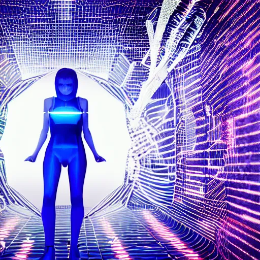 Image similar to chromatic cyborg female discovering her own consciousness in a mirror maze (Unreal Engine, 3D, Reflections, Glossy, Hyer-Realistic, Futuristic, Noise, Gradient)