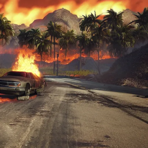 Image similar to far cry car leaking black tar chaotic intensive apocalyptic adrenaline anger oil black tar landscape wasteland miami desert on fire landscape natural disasters sunset palm trees landscape on fire unreal engine fallout style james gurney, henry moore style