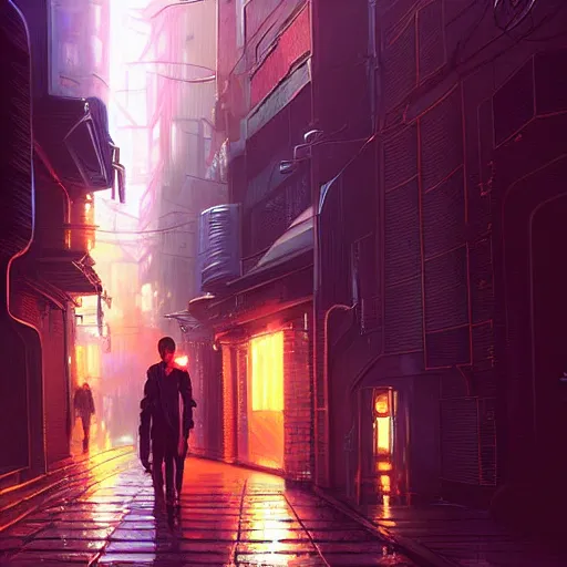 Image similar to a ultra detailed beautiful painting of a dark alleyway in a cyberpunk city at nighttime, oil panting, high resolution 4 k, by ilya kuvshinov, greg rutkowski and makoto shinkai