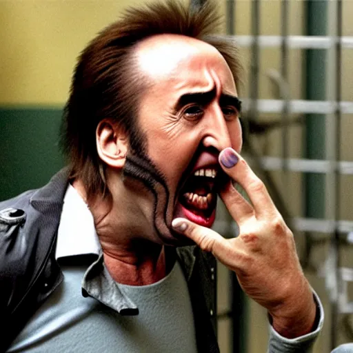 Prompt: nicolas cage trapped in a wicker cage upset with a mouth full of peas