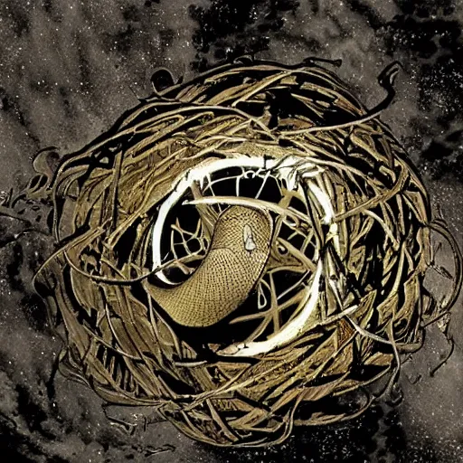 Image similar to ancient space station symbolizing a snake's nest, dark sci-fi movie scene