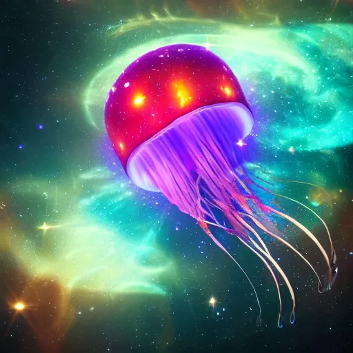 Image similar to unknown undiscovered jellyfish swimming in outer space nebula, 4 k, ultra detail, ultra realistic, 8 k, octane render, unreal engine, beeple