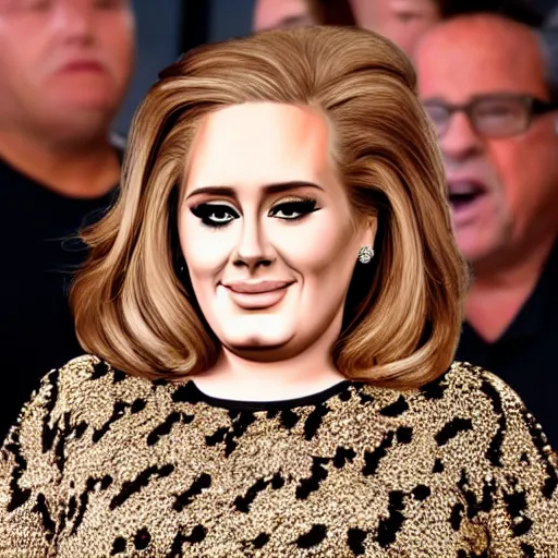 Image similar to Adele with Danny Devito face transplant, concert, live performance, full body shot