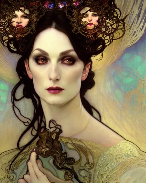 Image similar to wlop and alfons mucha detailed portrait digital rococo painting of a beautiful serious villainess wearing fantasy clothing like liliana vess, villainess has black angel wings, evil mood, hellish battlefield in the background, unreal engine, embers flying, hyper realism, realistic shading, cinematic composition, blender render, octane render, ultrawide shot