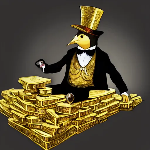 Image similar to anthropomorphized rich penguin capitalist sitting on pile of gold, wearing fancy top hat, concept art, insanely detailed and intricate, hypermaximalist, elegant, ornate, hyper realistic, super detailed, art deco, cinematic, trending on artstation, magic the gathering artwork