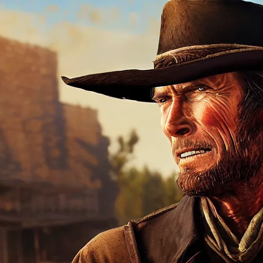 Image similar to oil painting of cowboy clint eastwood in rdr 2, western town, dusty street, sunrays, dramatic, very very very beautiful art