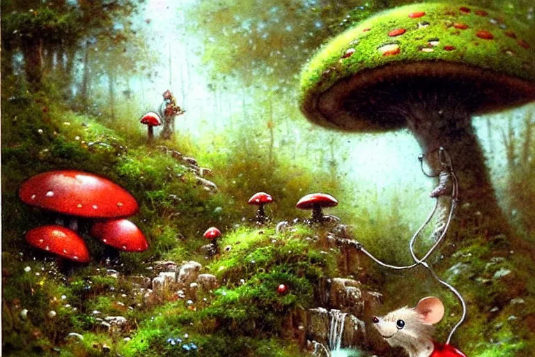 Image similar to adventurer ( ( ( ( ( 1 9 5 0 s retro future robot android mouse in forrest of giant mushrooms, moss and flowers stone bridge waterfall. muted colors. ) ) ) ) ) by jean baptiste monge!!!!!!!!!!!!!!!!!!!!!!!!! chrome red