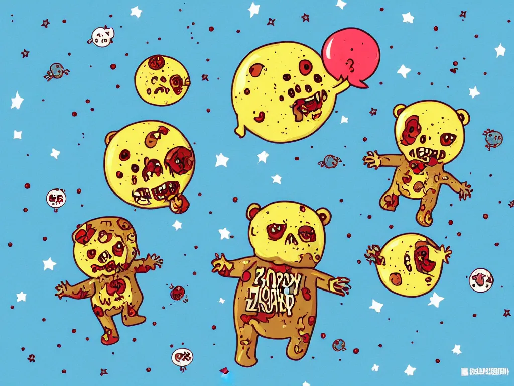 Prompt: happy zombie teddy bears floating in space, cartoon illustration, detailed, sarcastic