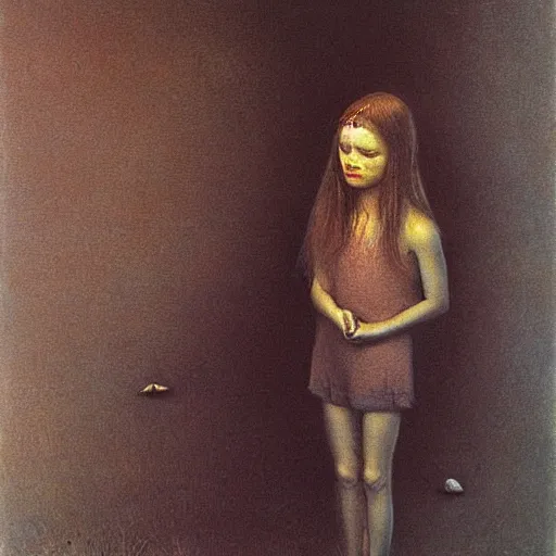 Prompt: young girl, painting by Beksinski