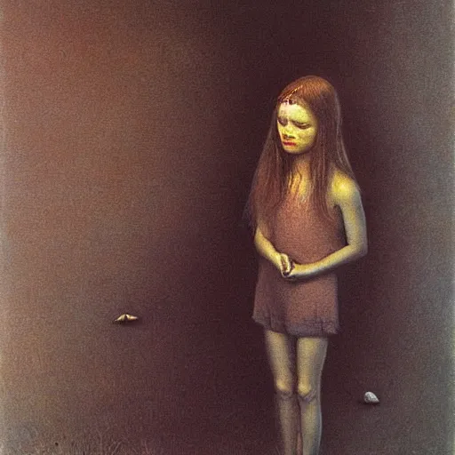 Image similar to young girl, painting by Beksinski