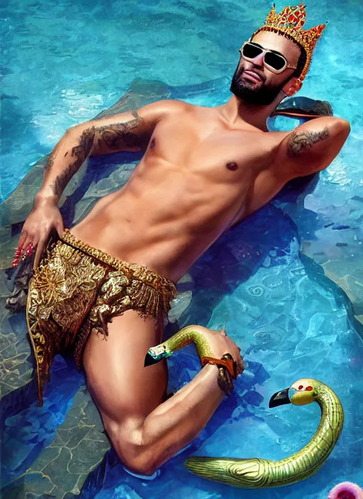 Prompt: muscular Atlantean king Zayn Malik grinning and wearing cholo sunglasses and a heavy bejeweled gold crown reclining poolside with a beautiful flamingo, steelpunk, ghibli studio, nekro, Tom Bagshaw, Craig Mullins, octane 8k, by brian froud, Trending on ArtStation