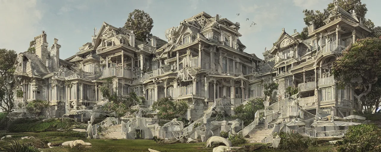 Image similar to a mansion on the seaside designed by James Jean, photorealistic