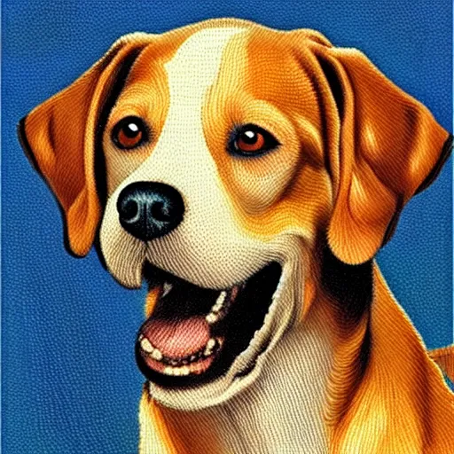 Image similar to dog smiling with human teeth, pointillism style, renaissance style, realistic canvas