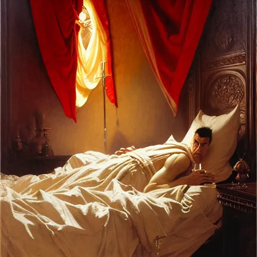 Image similar to the pope is in his bed, nervous and terrified, because a double horned shadow demon from hell lingers across the bed. highly detailed painting by gaston bussiere, j. c. leyendecker, greg rutkowski, craig mullins 8 k