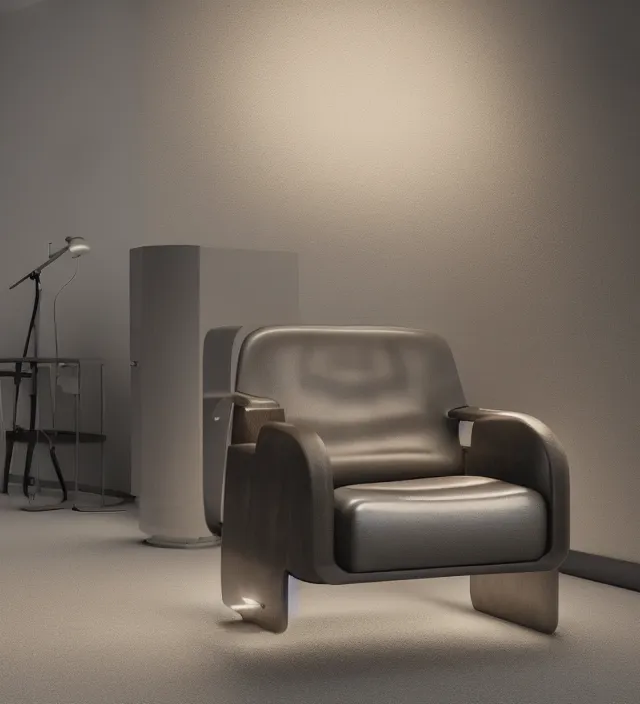 Prompt: a brutalism leather armchair with led light strips, dark concrete room, intricate details, octane render