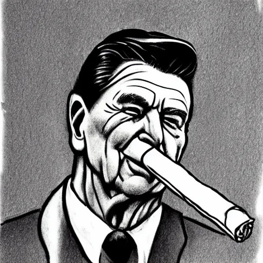 Prompt: one-line drawing of Ronald Reagan smoking a cigar