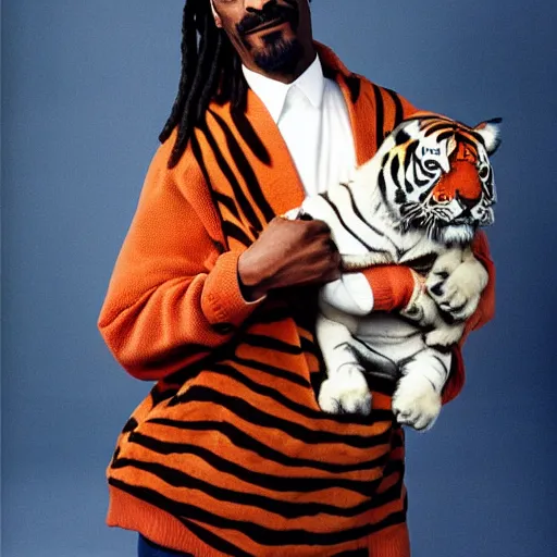 Image similar to Snoop Dogg holding a tiger for a 1990s sitcom tv show, Studio Photograph, portrait, C 12.0