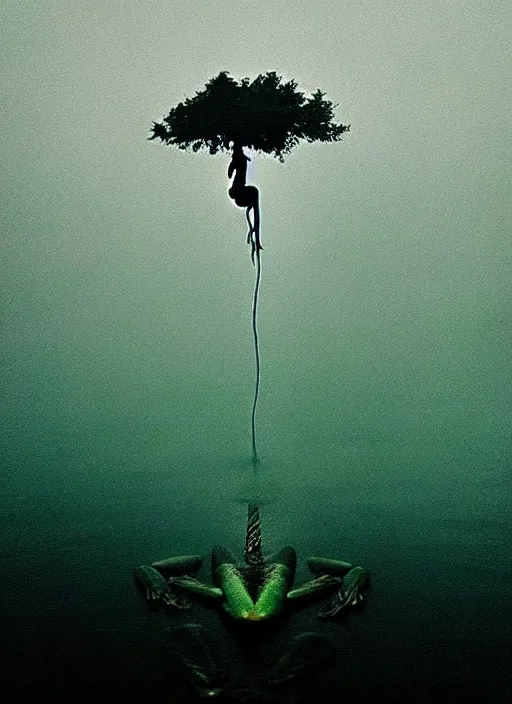 Prompt: “unicorn frog vertically hovering above misty lake waters in jesus christ pose, low angle, long cinematic shot by Andrei Tarkovsky, paranormal, eerie, mystical”