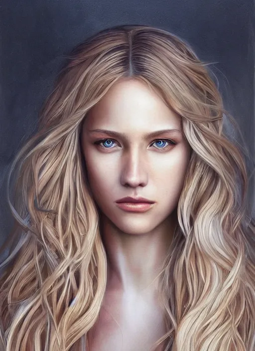 Image similar to a painting of a woman with long blonde hair, a photorealistic painting by magali villeneuve, featured on cgsociety, fantasy art, detailed painting, photorealistic