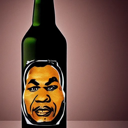 Image similar to a beer bottle with a reflection of mike tyson's face on it.