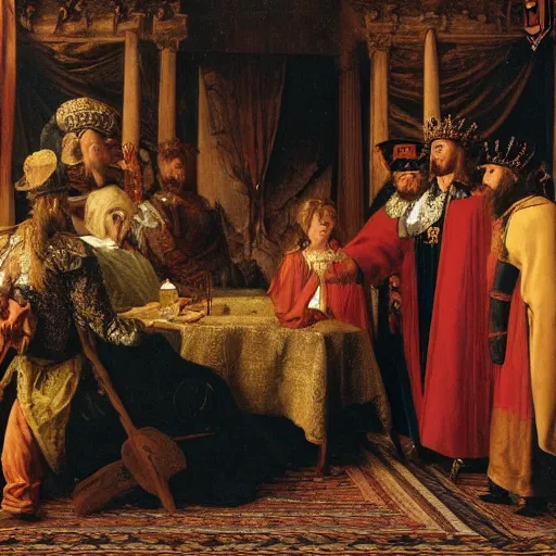 Prompt: a 1 5 0 0 oil painting of a american meeting a rich king