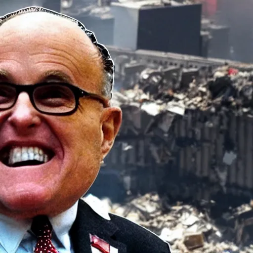 Image similar to a closeup a very drunk evil Rudy Giuliani squatting smiling wearing black thog underwaer while covering himself with rubble sensully on top of the world trade center rubble pile in new york