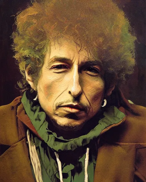 Image similar to painterly portrait, Bob Dylan, impasto, fantasy, chuck close:7, carl spitzweg:7, cinematic light, full face, symmetrical face