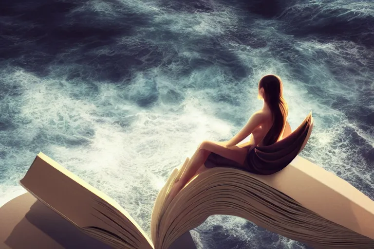 Image similar to A beautiful woman sitting on a giant open book in the middle of the ocean during a storm, dramatic lighting, cinematic, 8k HDR, highly detailed, high quality, octane render, unreal engine 5, path tracing, turbulent sea, concept art, trending on Artstation, dramatic scene