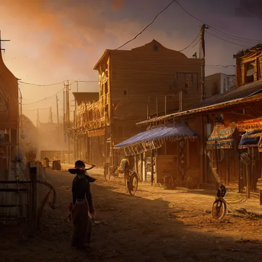 Image similar to painting of a wild west town, no people, saloon, golden hour, ultra realistic, concept art, dark fantasy, intricate details, eerie, highly detailed, photorealistic, octane render, 8 k, unreal engine 5. art by artgerm and greg rutkowski and alphonse mucha