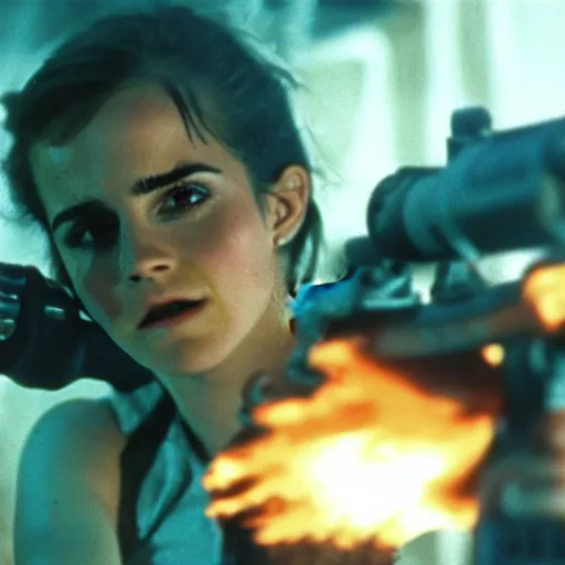 Prompt: film still of Emma Watson holding a flamethrower in Alien 1979, 4k