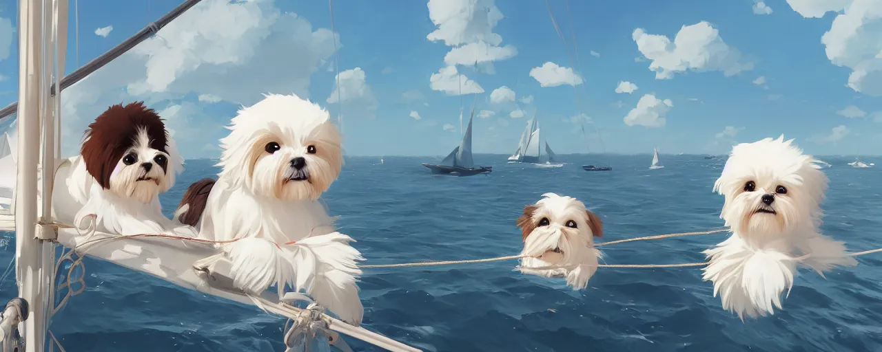 Prompt: a cream - colored havanese dog and shih tzu, sailing on a luxury yacht, detailed, atey ghailan, goro fujita, studio ghibli, rim light, exquisite lighting, clear focus, very coherent,