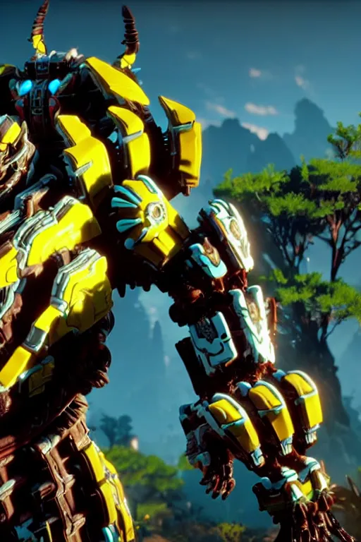 Image similar to a cinematic still from horizon zero dawn, yellow bumblebee mech, decepticon armor plating, octane render, nvidia raytracing demo, masterpiece, aged armor plating, aggressive head,