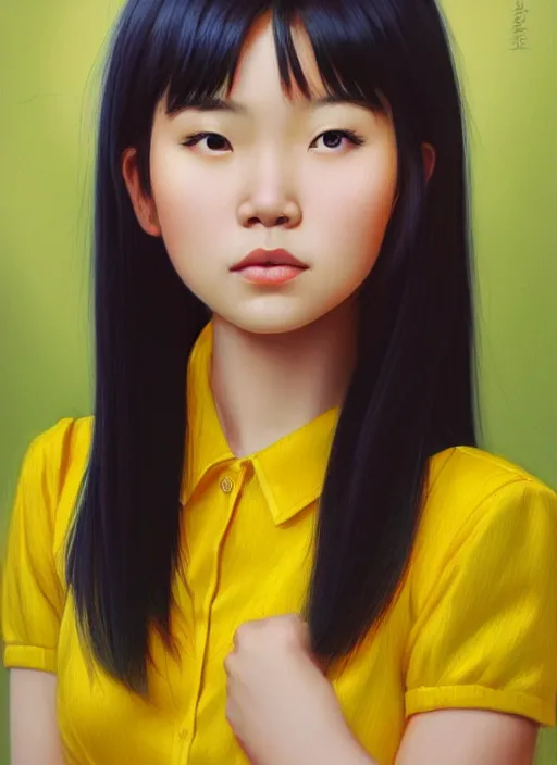 Prompt: photo of a cute young asian girl wearing a yellow honey dress in the style of stefan kostic, realistic, sharp focus, 8 k high definition, insanely detailed, intricate, elegant, art by stanley lau and artgerm