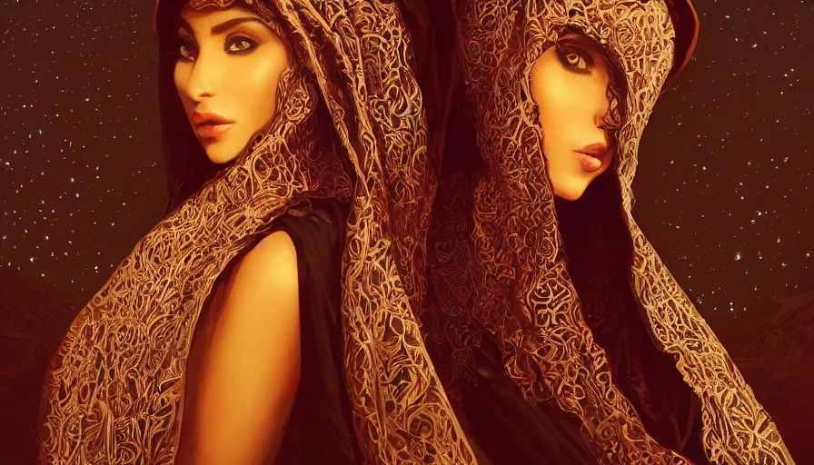 Prompt: Portrait of very very very very very very beautiful Arab woman wearing a Niqab, under giant full moon in the desert, intricate, glowing magical eyes, energy trails, elegant, highly detailed, digital painting, artstation, concept art, smooth, sharp focus, illustration, art by artgerm and greg rutkowski and alphonse mucha