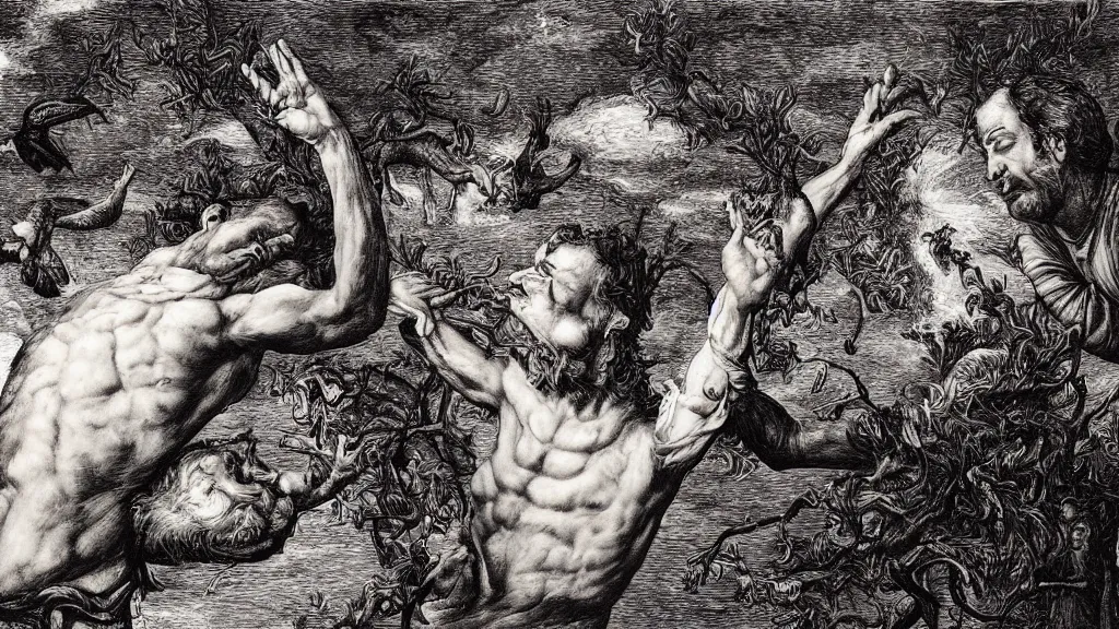 Image similar to the creation of adam in the style of dan hillier