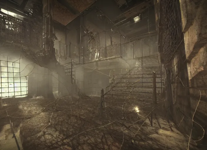 Prompt: wire, grate, iron, pipes, steam, plant, fans, stairs, rust horror darkness, destroyed, highs detailed, unreal engine