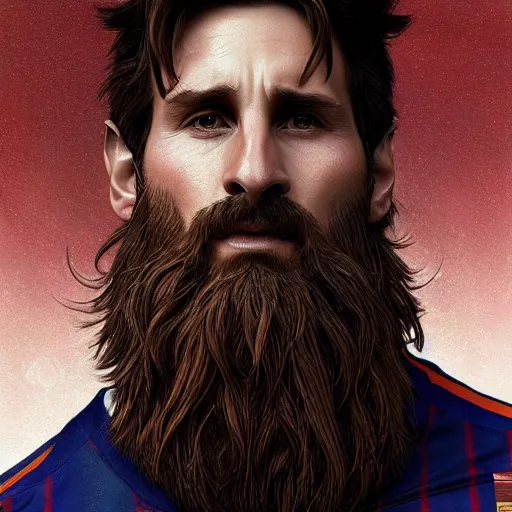 Prompt: Messi with a majestic beard, closeup, D&D, fantasy, intricate, elegant, highly detailed, digital painting, artstation, concept art, matte, sharp focus, illustration, art by Artgerm and Greg Rutkowski and Alphonse Mucha