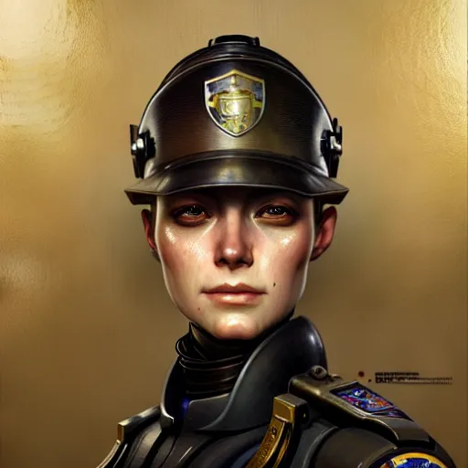 Image similar to portrait painting of a female warforged police officer, ultra realistic, concept art, intricate details, eerie, highly detailed, photorealistic, octane render, 8 k, unreal engine. art by artgerm and greg rutkowski and charlie bowater and magali villeneuve and alphonse mucha