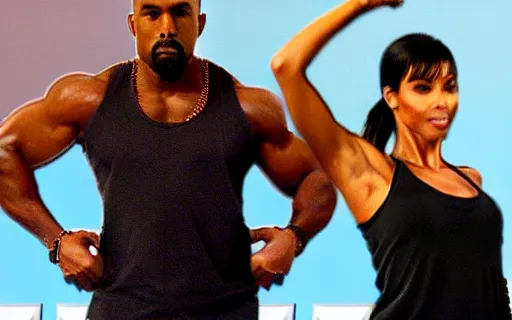 Image similar to a fitness workout DVD starring kanye west as the host, screenshots