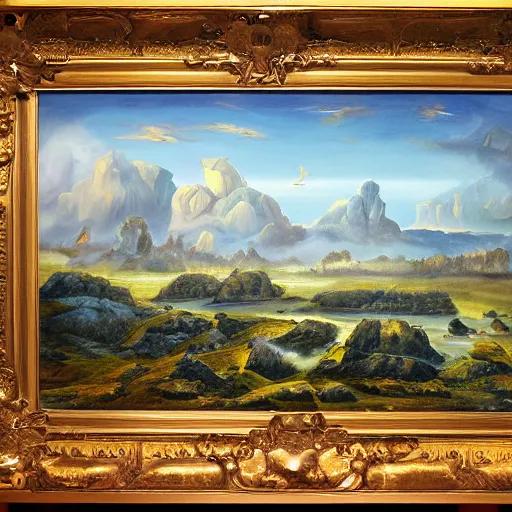 Image similar to lanscape, vey bad taste art, kitsch