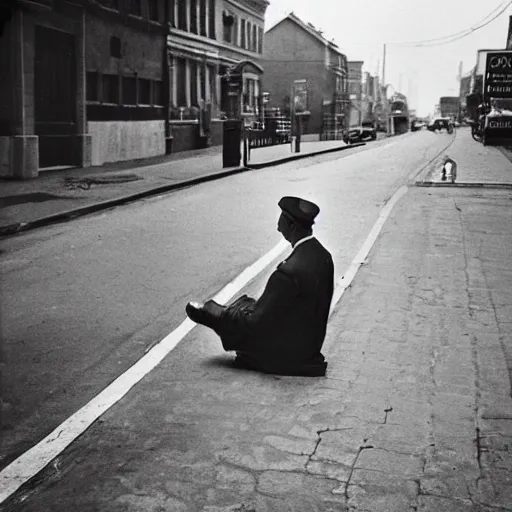 Image similar to a gentlemen sitting in the middle of the street award winning photograph 1950