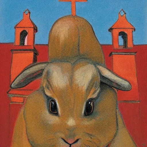 Image similar to a rabbit sitting in front of an old wooden russian church, in the style of ilya repin