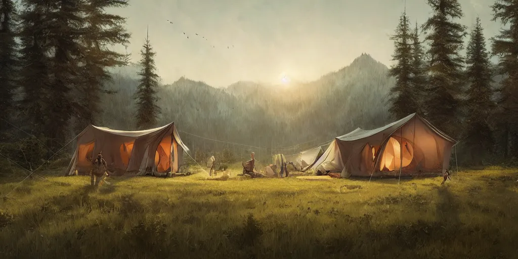 Prompt: cabela's tent fabric shelled pop up family dwelling unit, cabin, modular, person in foreground, mountainous forested wilderness open fields, beautiful views, painterly concept art, joanna gaines, environmental concept art, farmhouse, magnolia, concept art illustration by ross tran, james gurney, by craig mullins, by greg rutkowski